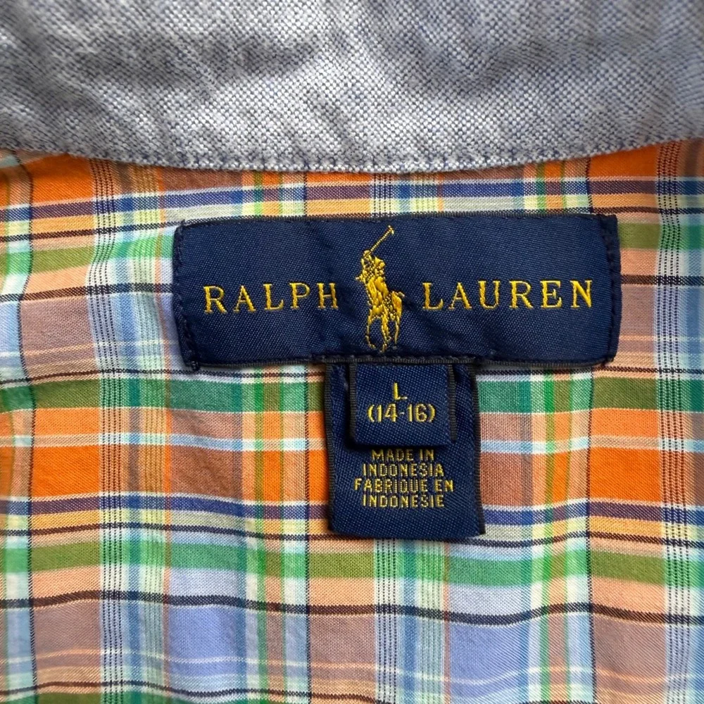Ralph Lauren Boys Orange Blue Plaid Button Down Shirt Size L 14-16 Long Sleeve